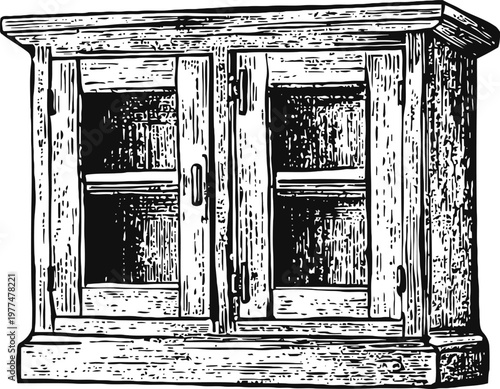 Vintage wooden cabinet with glass doors, rustic furniture design, home storage and display unit