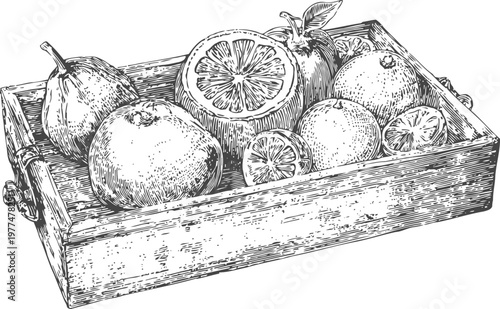 Wooden tray with assorted citrus fruits and pears vintage hand drawn fruit basket illustration