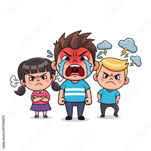 Angry Children Arguing and Crying - Cartoon Illustration