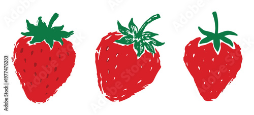 Artistic hand drawn strawberry fruit set with green leaves and red berry bodies in sketchy illustrative style