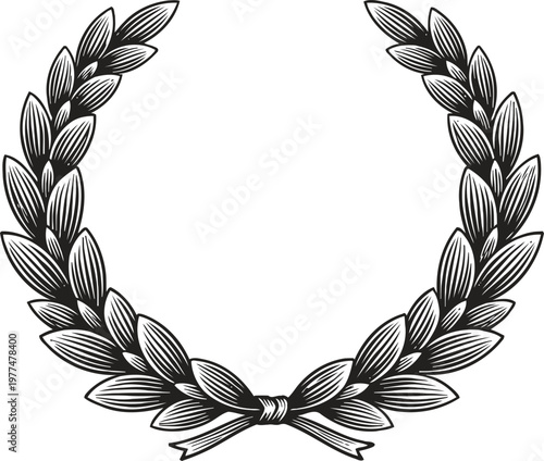 Laurel wreath illustration with detailed leaves and ribbon in vintage design