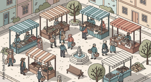 Isometric Village Market Scene with People Shopping at Stalls