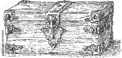 Vintage wooden chest with metal hinges and lock detailed sketch illustration