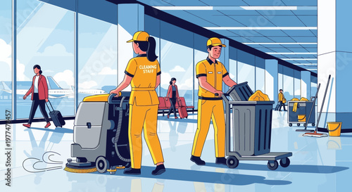Airport cleaning staff maintaining hygiene with floor scrubber and trolley