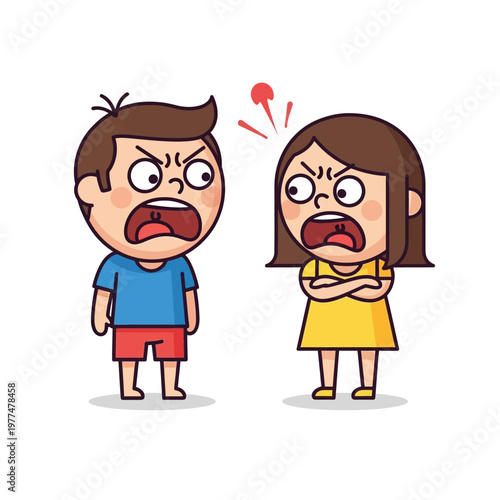 Angry Kids Arguing, Cartoon Children Fighting, Childhood Conflict, Yelling Siblings
