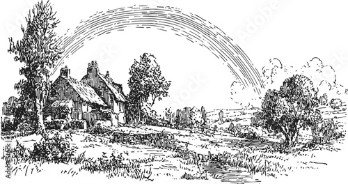 Countryside cottage with trees and a large rainbow arching over a peaceful rural landscape