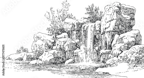 Natural waterfall cascading over rocks into a river surrounded by trees and bushes black and white sketch landscape