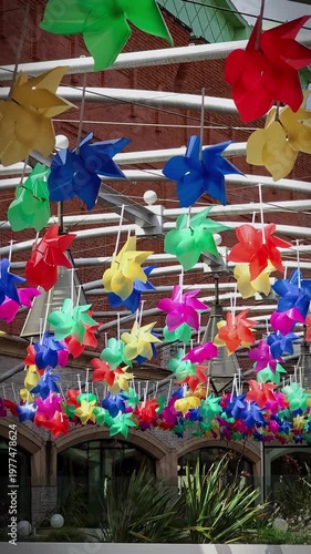 urban decoration of colored windmills, aveiro, portugal