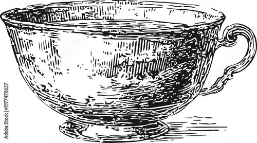 Vintage ornate teacup illustration with intricate patterns and elegant handle design