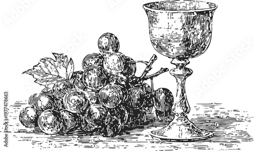 Vintage engraving of wine glass and grapes cluster on rustic table surface