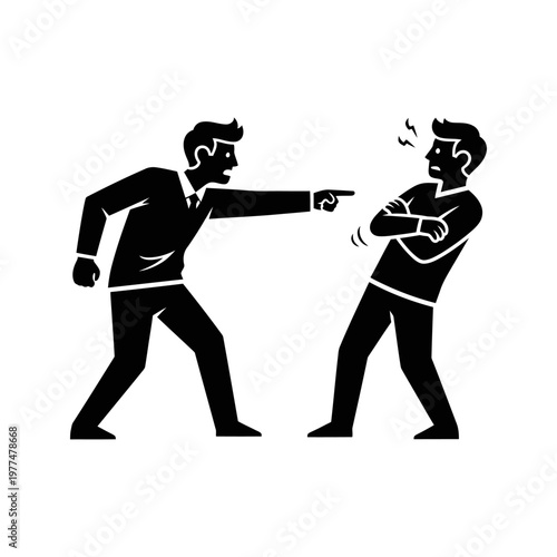 Angry man pointing finger at frustrated colleague, conflict, argument, disagreement concept