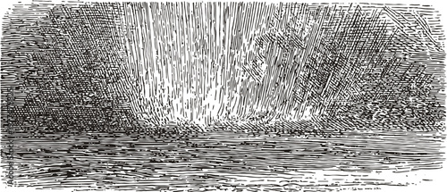 stormy sky with heavy rain over calm sea and distant clouds horizon