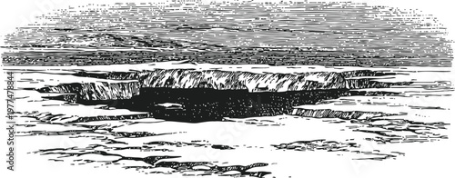 Illustration of a large crater in a barren rocky landscape with distant horizon and textured sky