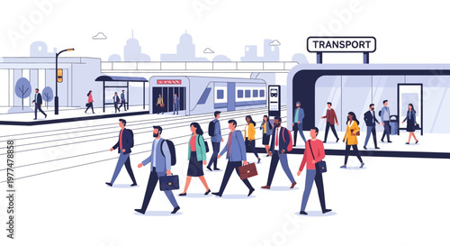 Diverse commuters and train at modern urban transport hub, city transit concept