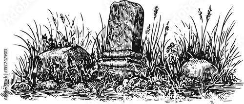 Old weathered graves surrounded by tall grass and stones, vintage black and white engraving