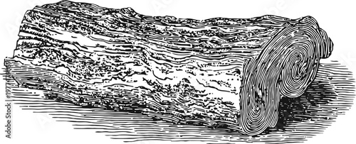 Detailed black and white illustration of a textured wooden log with visible rings and bark pattern