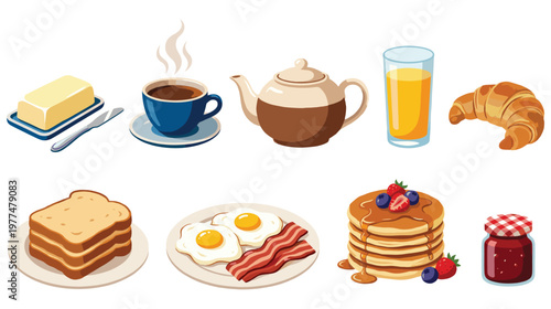 Breakfast food collection with coffee and pancakes and eggs and bacon and bread.