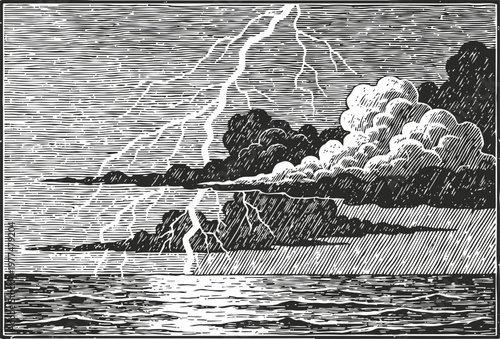 stormy seascape with lightning strikes, dark clouds above ocean waves, black and white vintage illustration