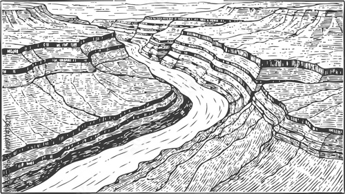 Detailed black and white line art of a meandering river flowing through layered canyon cliffs and rocky landscape