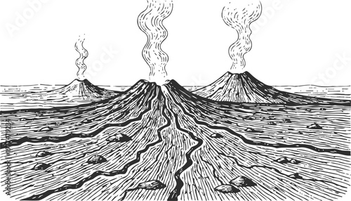 Illustration of three smoking volcanoes with lava trails in a rugged landscape