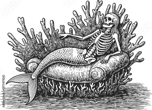 Skeleton mermaid reclining on coral throne with fish tail, underwater fantasy creature illustration