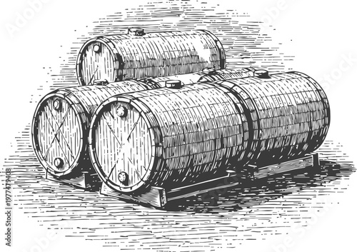 Three wooden barrels stacked horizontally with metal bands, vintage rustic containers for storage