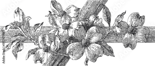 Vintage black and white dogwood flowers illustration with horizontal wooden planks background