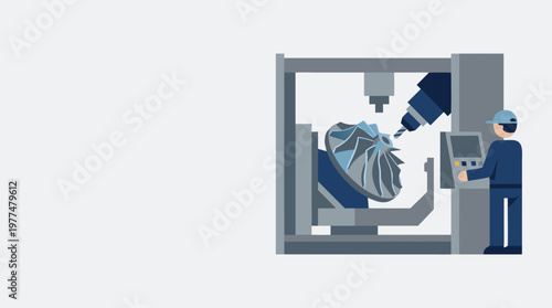 Machinist Operator Working on 5 Axis CNC Machine Control Panel Vector