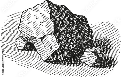 Illustration of rough and crystalline rocks on textured surface, black and white vintage
