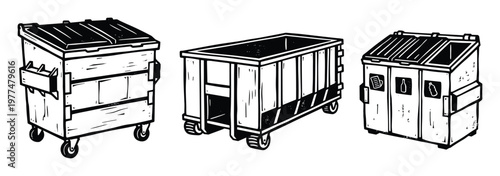 Collection of dumpster trash cans on transparent background for urban design