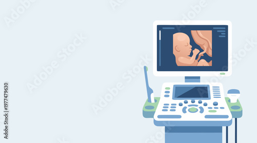 4D Ultrasound Machine Screen Showing Fetus Flat Vector