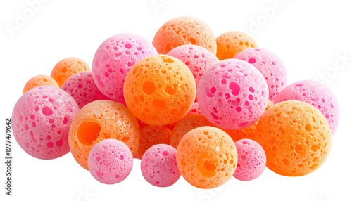 A cluster of porous spheres in shades of pink and orange, seemingly floating