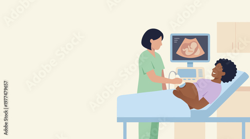 Doctor Performing 4D Ultrasound Scan on Pregnant Patient Vector