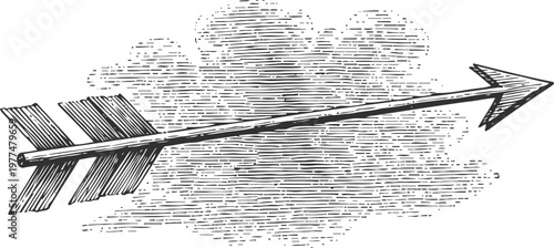 Vintage arrow illustration with feather fletching and pointed tip in engraving