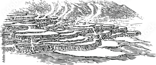 terraced rock formations with water flowing over steps, landscape natural geological layers