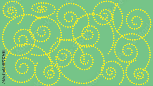 Abstract swirls of yellow dots on a green background with abstract, background
