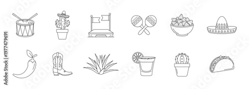 Cinco de mayo thin line icon set. Mexican culture symbols sombrero, taco, maracas, tequila and cactus. Editable stroke. Vector illustration.	