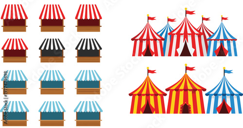 Circus Tent and Market Stall Vector Set with Carnival Booths Striped Canopies and Festival Fair Illustration Collection