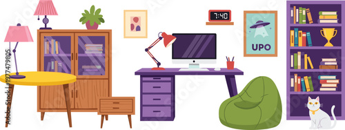 Cozy Home Office Interior Vector Illustration with Study Desk Bookshelf Computer Lamp Bean Bag and Modern Room Decor