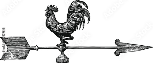 Vintage rooster weather vane illustration with arrow, classic wind direction indicator design