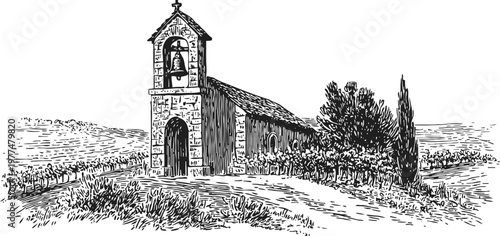 Rustic countryside chapel with bell tower and surrounding trees in vintage sketch