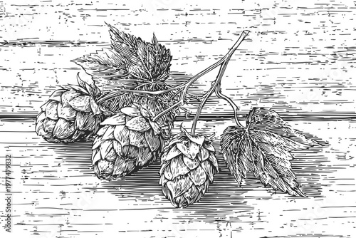 Hand drawn hops cones and leaves illustration on wooden textured background for brewing and craft beer design
