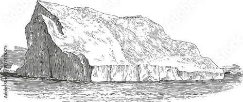 Large iceberg floating in cold ocean water, detailed engraved vintage landscape illustration