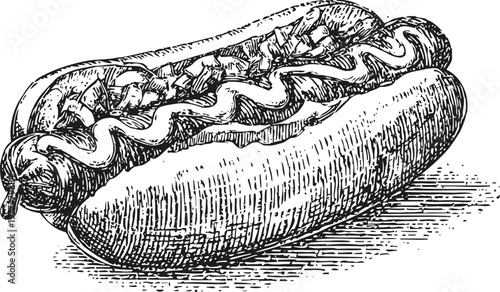 Vintage hand drawn hot dog illustration with mustard and relish toppings on bun