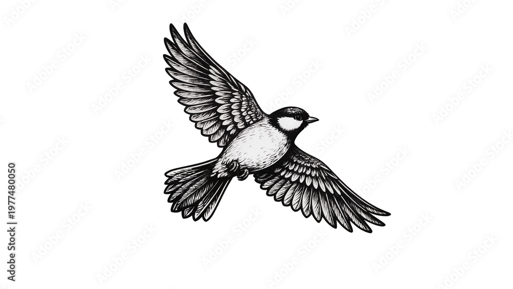 Fototapeta premium Detailed Flying Chickadee Bird Sketch with Extended Wings
