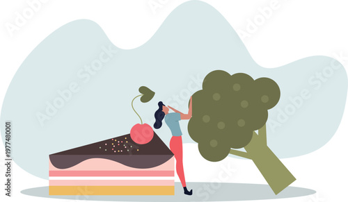 Woman choosing between healthy and unhealthy food .flat vector illustration.person's life situation and his activities.