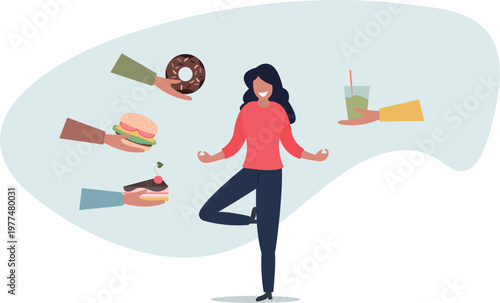 Healthy and unhealthy food. Girl offered vegetables and sweets. Difficult choice between active and sedentary lifestyle,person's life situation and his activities.