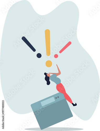 Unhappy obese people. Overweight woman .flat vector illustration.stand on scales and unpleasantly surprised.person's life situation and his activities.