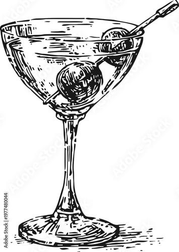 Martini glass with olives on a cocktail stick classic alcoholic drink illustration in vintage sketch