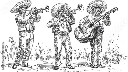 Traditional mariachi band playing trumpet and guitar in mexican cultural celebration